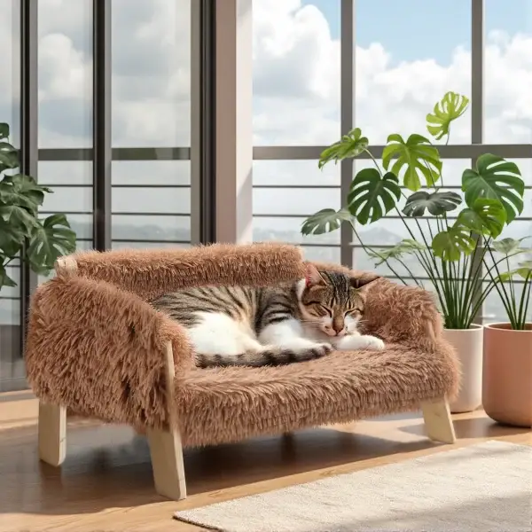 Large Raised Plush Wooden Cat Sofa